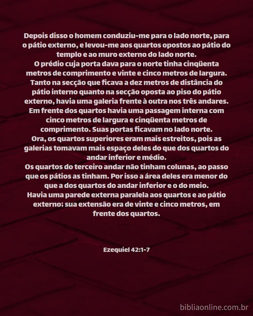 Ezequiel 42:1-7 - Nova Versão Internacional(NVI)
bibliaonline.com.br/nvi/ez/42 

#Bíblia #BíbliaNVI #NVI #Ezequiel #Ezequiel42 #Ez42 #Deus #profetaEzequiel #templo #santuário #aposentos #sacerdócio #vestes #santidade #rpSp #LEIA_A_BÍBLIA #ESTUDE_A_BÍBLIA #CONHEÇA_A_BÍBLIA @bibliaonline