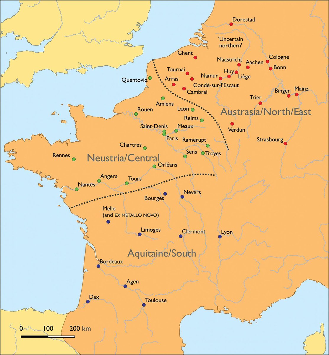 Map of silver coin mints in the Frankish Kingdoms #MedievalMonday Analysis of coins across western Europe suggests the majority were made of silver sourced from the Carolingian Empire, highlighting Charlemagne's international influence. 🆓 buff.ly/3PEgqOf