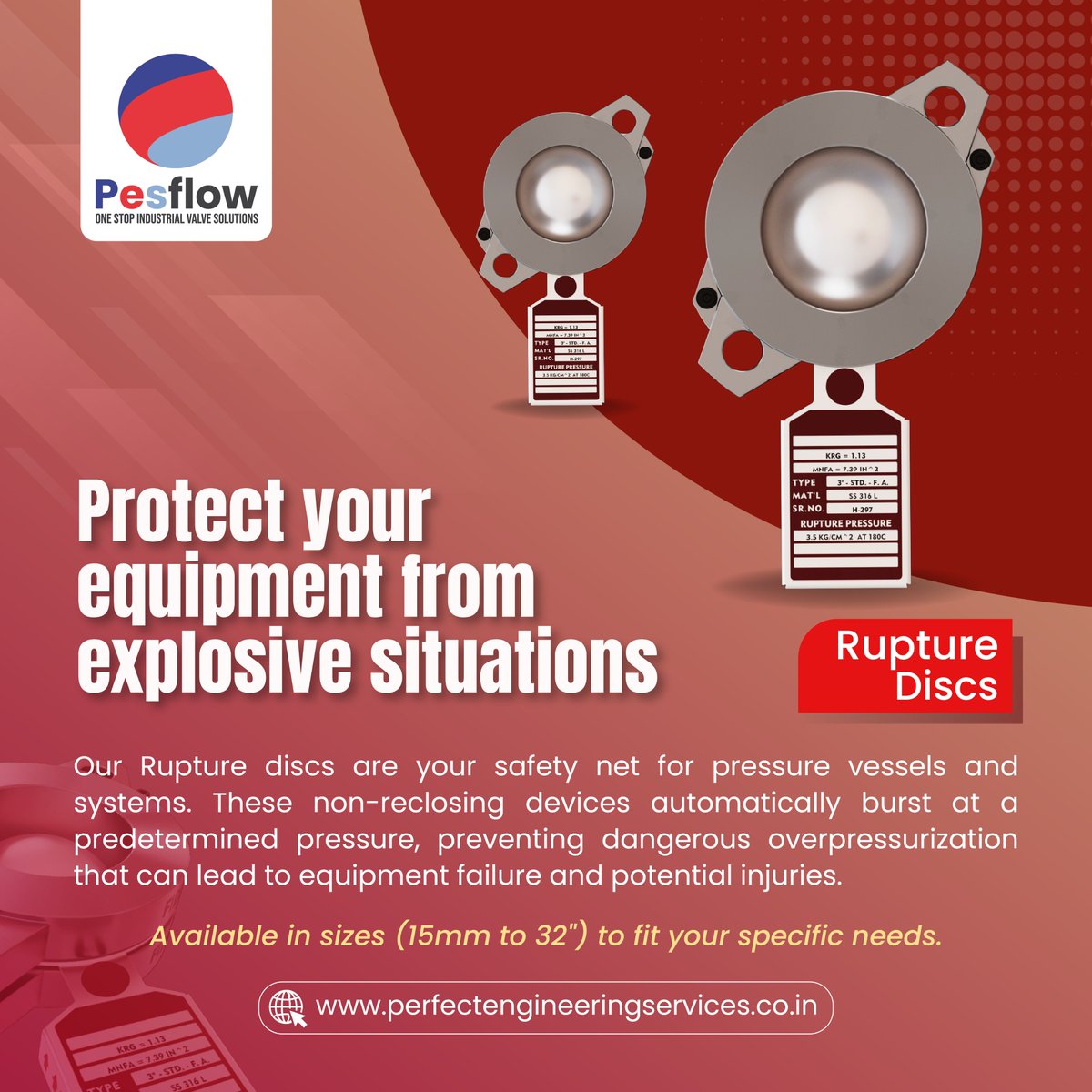 Ensure equipment safety with our rupture discs. Bursting at preset pressures, they prevent overpressurization, avoiding failures and injuries
For more info:
Call: 081042 72133
Website:perfectengineeringservices.co.in/rupture-disc/ 
#SafetyFirst #EquipmentProtection #PressureSafety #IndustrialSafety