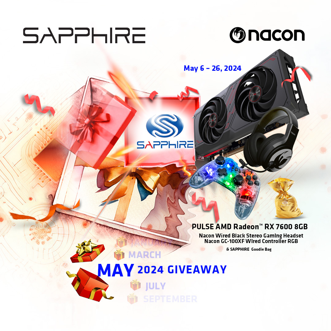We’ve teamed up with @Nacon for some exciting prizes alongside our SAPPHIRE PULSE AMD Radeon RX 7600 8GB & Goodie Bag for our new MAY 2024 GIVEAWAY! Giveaway Details & How to Enter: sapphirenation.net/0524contest . . #giveaway #hardware #gamingcommunity #SAPPHIRETech