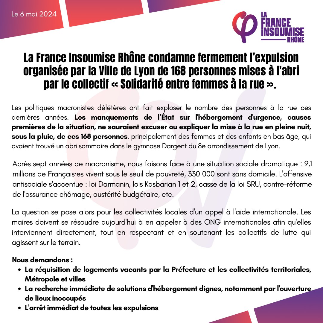 LFIRhone's tweet photo. 🔴 Expulsion de 168 personnes sans-abris du gymnase Dargent : La France insoumise du Rhône dénonce la décision inhumaine prise par la mairie de Lyon, à rebours des engagements nationaux et locaux de @Gregorydoucet et @SandrineRunel.

Notre communiqué 👇 https://t.co/3YJpV8MZZV