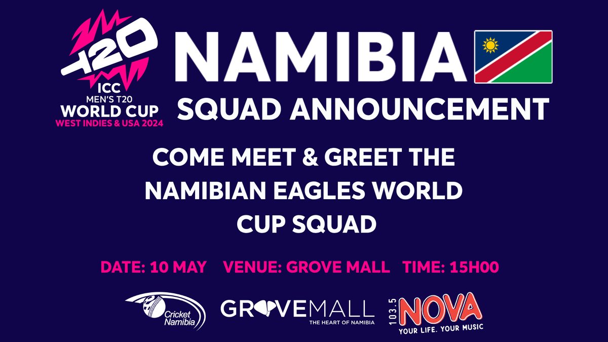 NAMIBIAN EAGLES WORLD CUP SQUAD🇳🇦 Join us on Friday, 10th May at 15:00 at Grove Mall for the announcement of the Namibian Eagles World Cup squad! Namibia is heading to the T20 World Cup, and we want you to be part of this thrilling milestone. See you there😉 #T20WorldCup