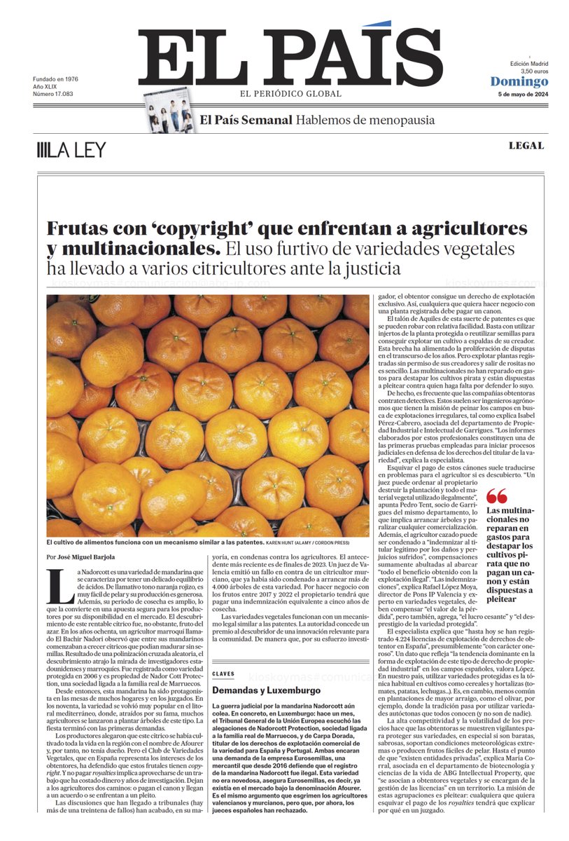 #ABGenlosMedios - Participamos en este reportaje en el que @JosemiMercury exprime unas mandarinas para sacarle todo el jugo a la protección de #variedadesvegerales. Gracias @LaLeyNext y @el_pais por contar con nosotros.