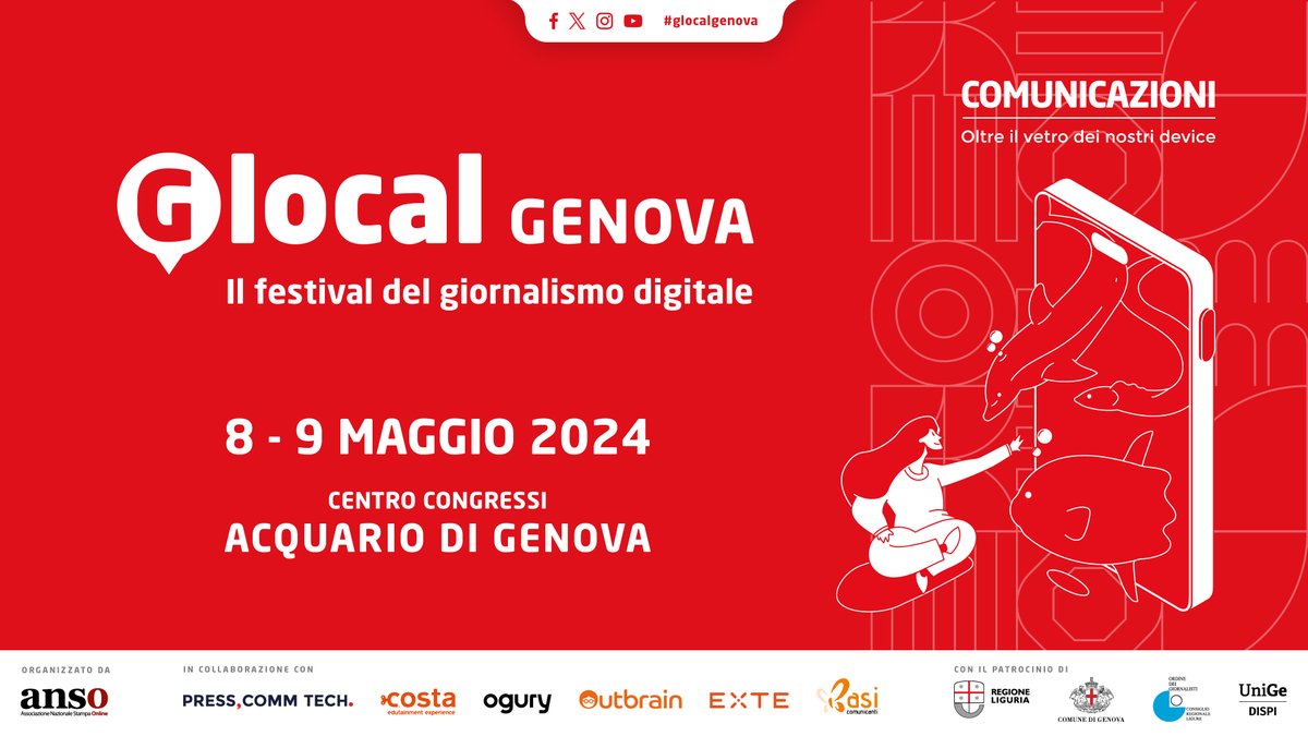 Mercoledì 8 e giovedì 9 maggio saremo all'Acquario di Genova per #glocalgenova, due giorni di riflessioni sul giornalismo e la comunicazione. Scopri il programma: bit.ly/3UBLnp4