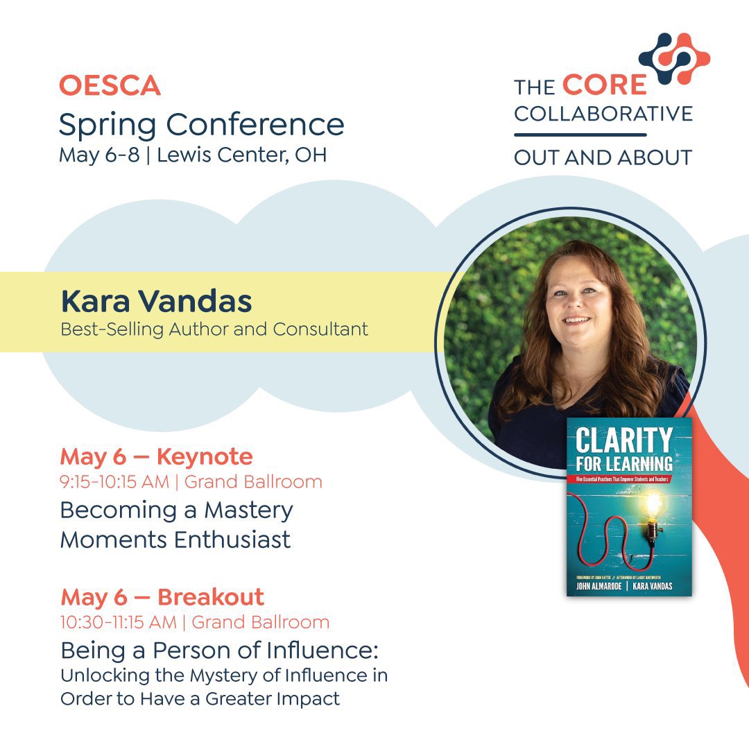 Hey @oesc partners, don’t miss best-selling author and consultant Kara Vandas (@klvandas) in the Grand Ballroom today (May 6th)! Visit oesca.org for more information. #Clarity #ClarityForLearning #Efficacy #MasterMoments #Agency #Influence