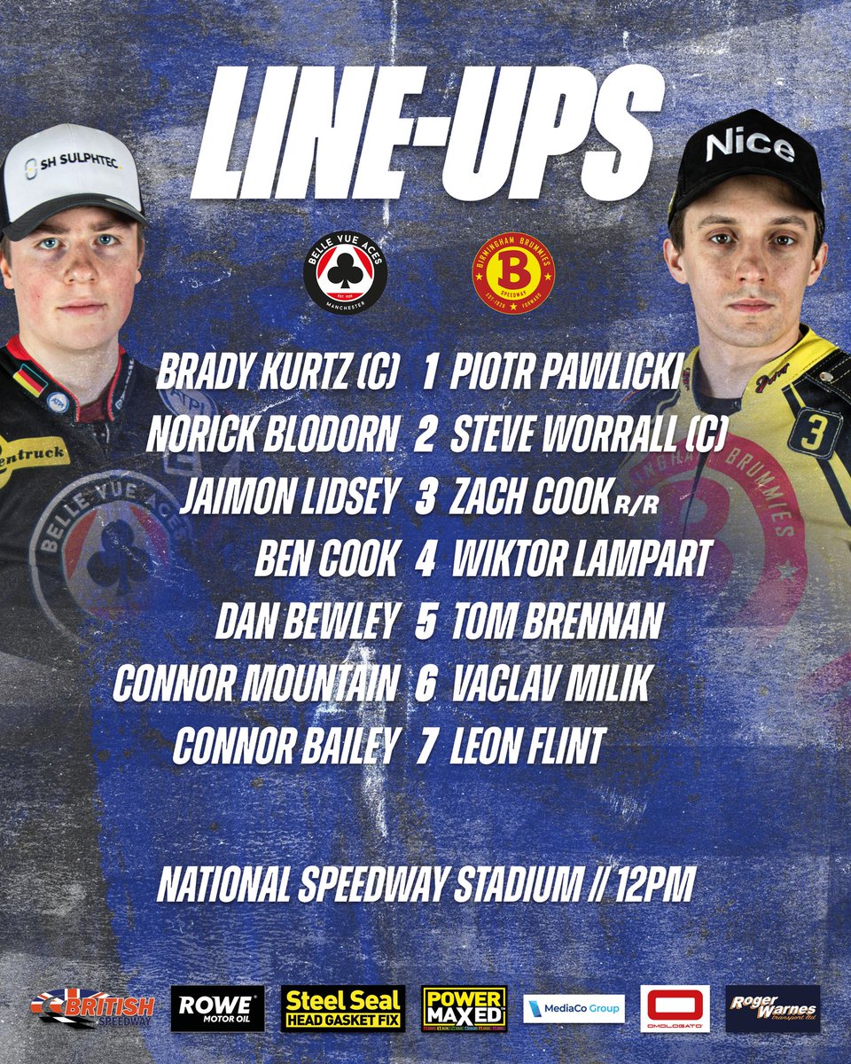 📝 𝗟𝗜𝗡𝗘-𝗨𝗣𝗦 | #BELBIR 🏁 Belle Vue kick off a busy Bank Holiday Monday of racing in the ROWE Motor Oil Premiership when they host Birmingham at midday. 📲 Preview 👉 bit.ly/BELvBIR #⃣ #britishspeedway🇬🇧