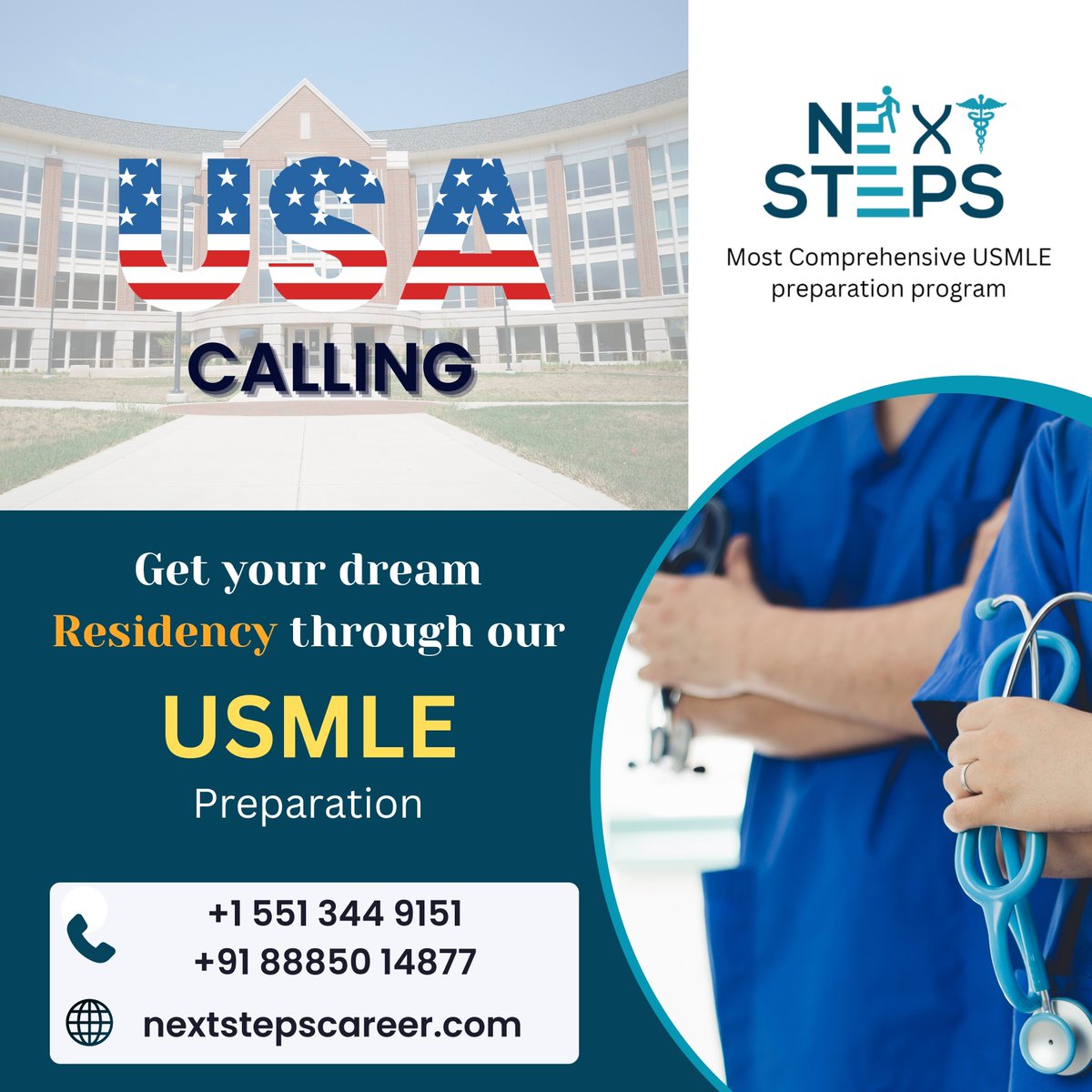 Your dream residency awaits! 🌟 Prepare for success with our USMLE program and answer the call to your future in the USA. 
Enroll Now: nextstepscareer.com/enroll-now/

#USMLE #Residency #residencymatch #usmlematch #match #nextsteps #nextstepsusmle #DreamBig