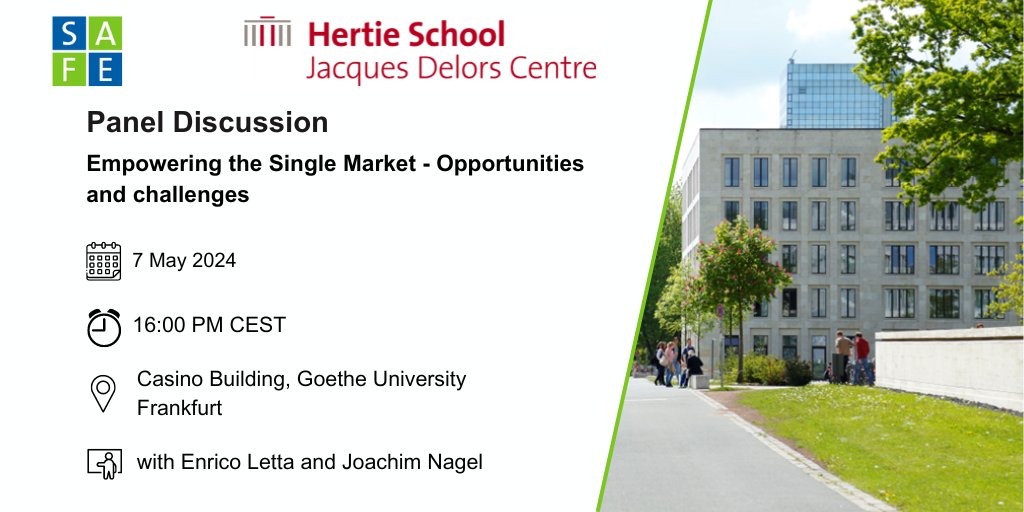 🚨Join us tomorrow: @EnricoLetta, former Italian Prime Minister and now president of @DelorsBerlin, will present his report on the future of the single market. He will be joined by @bundesbank president Joachim Nagel for discussion. 👉Register here: safe-frankfurt.de/news-media/eve… #EU