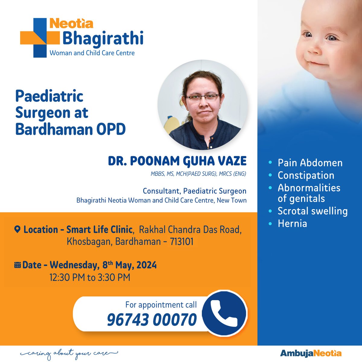 Paediatric Surgeon of #BhagirathiNeotiaWomanandChildCareCentreNewTown will be available on Wednesday, 8th May 2024 at Smart Life Clinic, Bardhaman.
Contact  : 9674300070
 #BNWCCC #CaringAboutYourCare #paediatricsurgery #childcare #healthcare #AmbujaNeotia