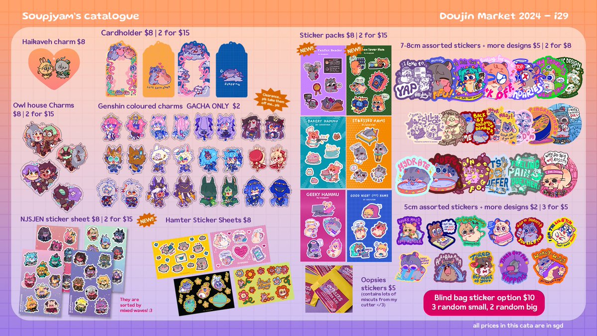 Hi everyone heres my part of the catalogue for doujima! I am sharing booth with @/ailythe hope to see yall there! :3 🐹 Booth i29 - Soup Ingredients 🐹 Suntec Convention Hall 403-405 🐹 11-12 May, 12-8pm (we might leave at 7) #doujimasg #doujima2024