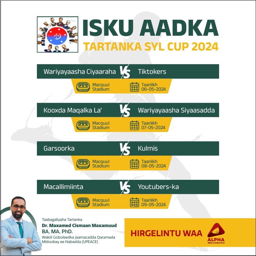 A Football tournament to honor the #SYL youth will kick off today at Ma'aqul stadium, #Mogadishu. The tournament is fully sponsored by Dr. @MohamedOsmanSom who advocates for environmental and peace issues. He is the Sub-regional representative @UN @UPEACE ME, Eastern and