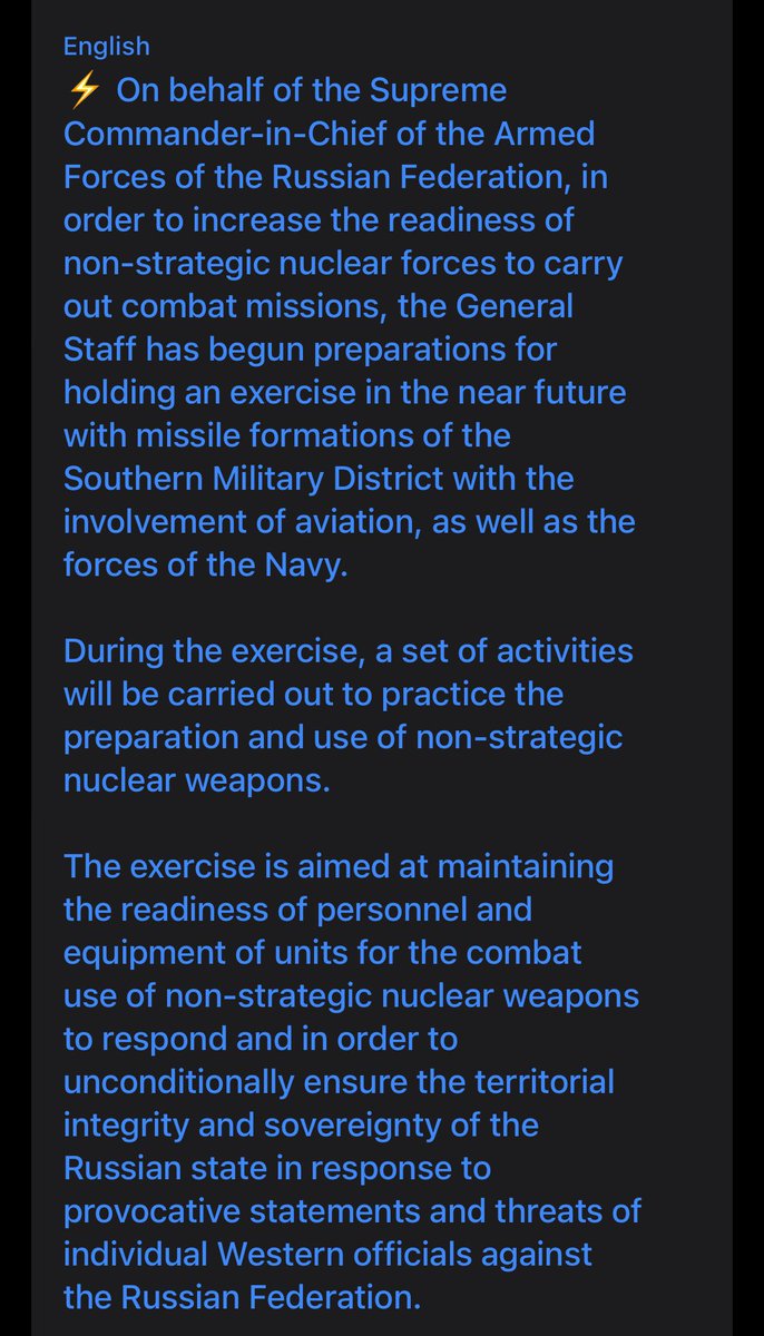 Russia to hold exercise in southern mil district “to increase the readiness of non-strategic nuclear forces…in response to provocative statements and threats of individual Western officials against” Russia. t.me/mod_russia/383… See Rus nukes overview: tandfonline.com/doi/epdf/10.10…