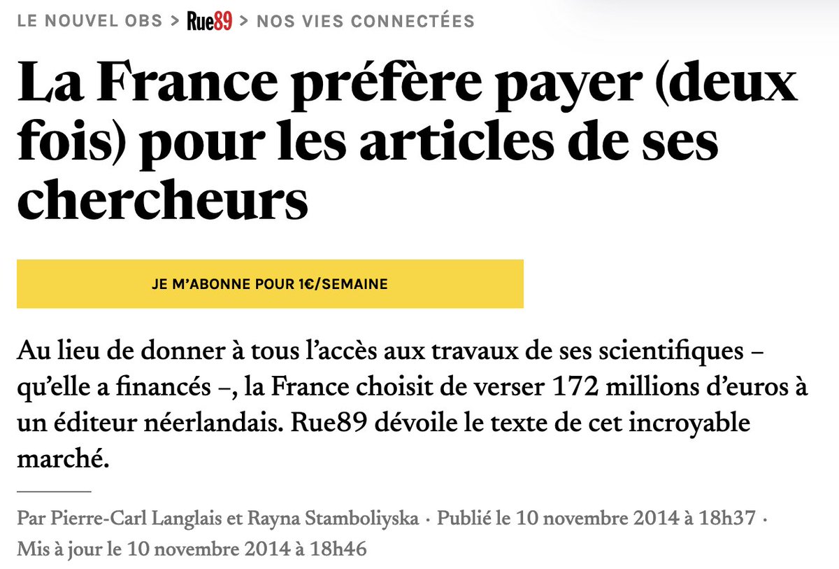 Alexander Doria (@dorialexander) on Twitter photo Il y a 10 ans, nous avions fait fuiter l'accord de licence nationale avec Elsevier avec <a href="/MaliciaRogue/">Rayna ¯\_(ツ)_/¯ 😷🤓🧬🇪🇺👩💻📚✍️</a> dans Rue89. Depuis la science ouverte a énormément avancé (le plan S, mandat sur HAL, baromètre du MESRI), et on verse toujours des millions à Elsevier. Il y a 10 ans, nous avions fait fuiter l'accord de licence nationale avec Elsevier avec <a href="/MaliciaRogue/">Rayna ¯\_(ツ)_/¯ 😷🤓🧬🇪🇺👩💻📚✍️</a> dans Rue89. Depuis la science ouverte a énormément avancé (le plan S, mandat sur HAL, baromètre du MESRI), et on verse toujours des millions à Elsevier.