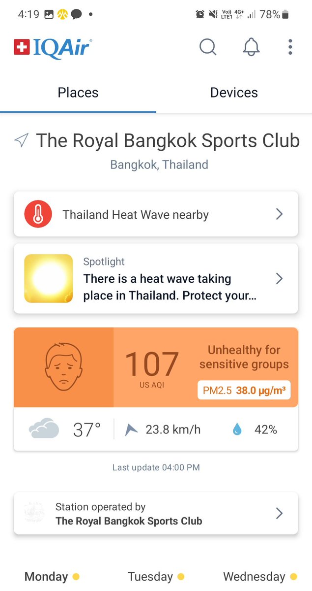 It may be a quarter past 4pm already but the temperature in Bangkok is still 37 degrees Celsius on Monday, and much of central, north, and Northeastern regions are experiencing heat wave, according to IQAir app. #Thailand #whatshappeningThailand #Bangkok