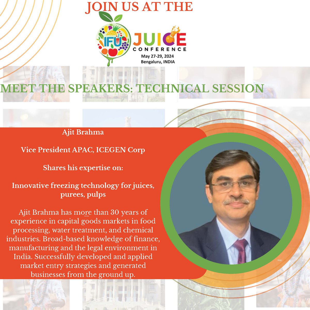 🎤 Meet our speaker Ajit Brahma from ICEGEN Corp. at the IFU Juice Conference in #India!
 🌍 Registration for international delegates and program details: ifu-fruitjuice.com/event/IFUJuice… 
 🇮🇳 Registration for Indian delegates: docs.google.com/forms/d/e/1FAI…