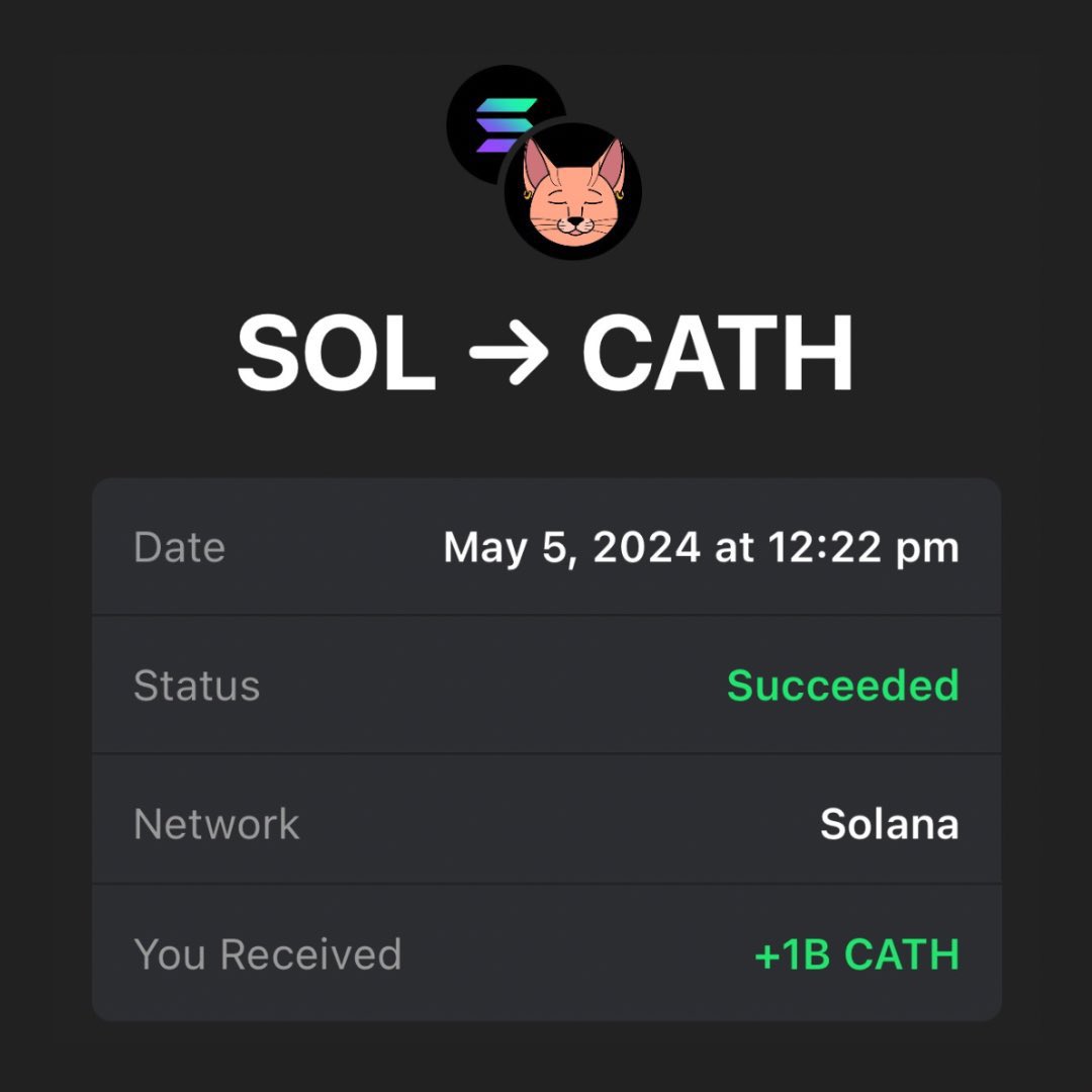 First 333 Solana wallets get a guaranteed $CATHE Airdrop 🪂 Drop your $SOL address 👇🏻 💟 & 🔁 + Follow 🔔 To Join, Send SOL to: CATHE9xEhARyx5DgWVFBrTdtaaYDJguzK5dqVEk9etaH AirDrop Date: 11th May 2024