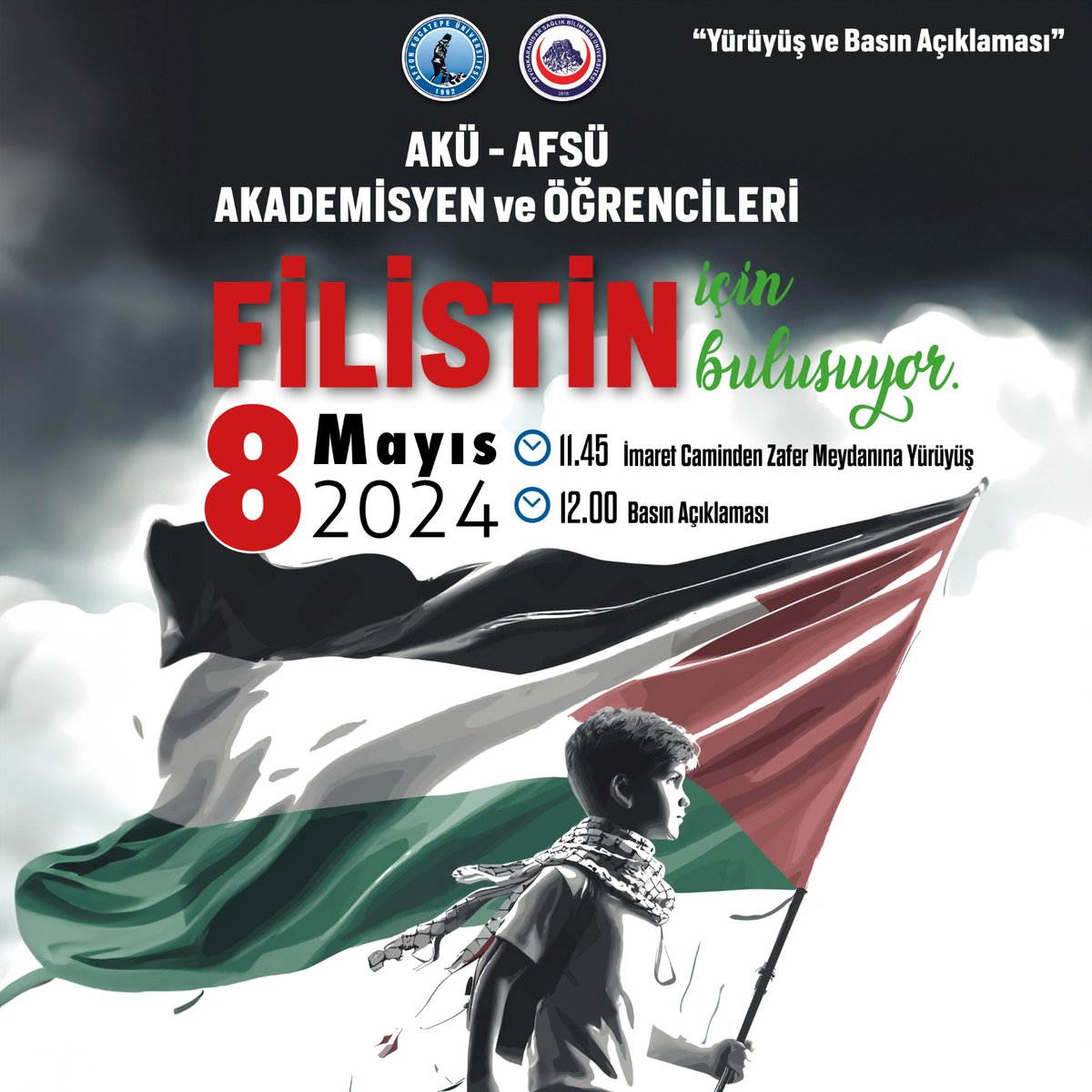 AKÜ ve AFSÜ öğrencileri ile personeli, ABD'de Üniversite gençliğinin başlattığı Filistin meselesiyle ilgili protesto gösterilerine destek ve İsrail zulmünü telin için, 8 Mayıs 2024 günü yürüyüş ve basın açıklamasında buluşuyor. #AfyonKocatepeÜniversitesi #AFSÜ #Gaza #Palaestine