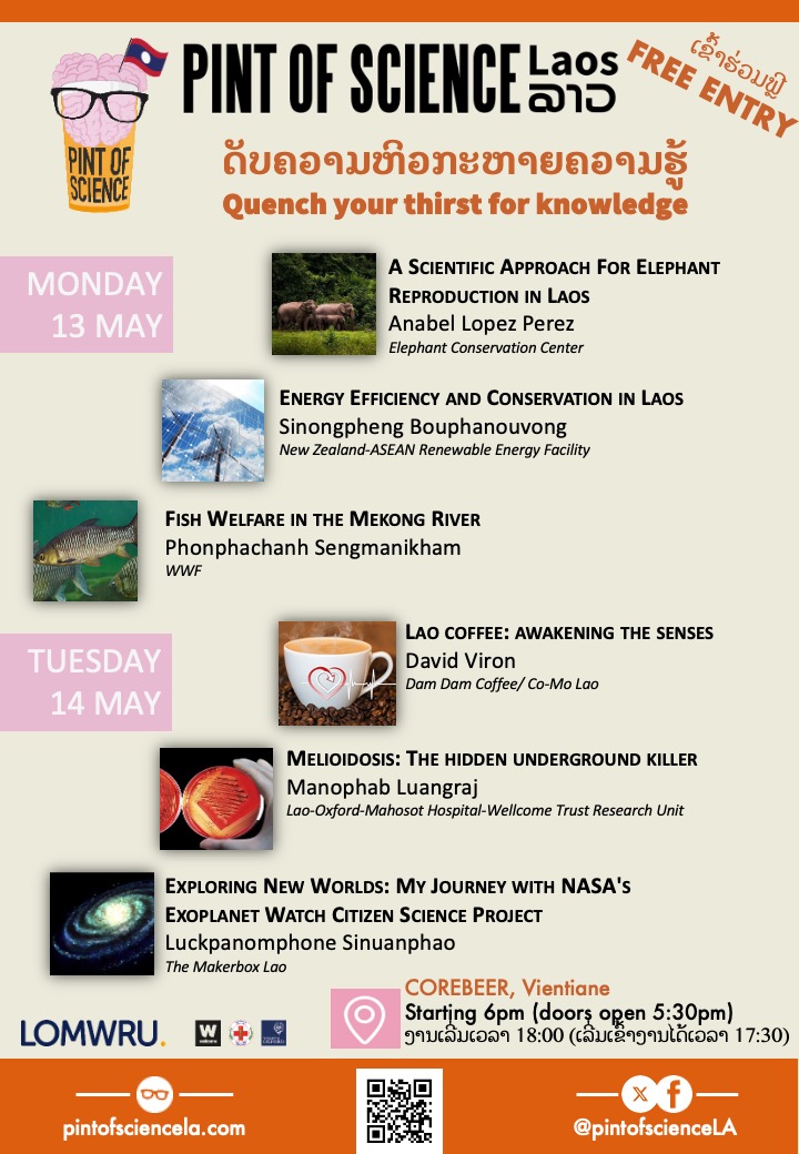 The final program released! Come join us on the 13-14th May to listen to 6 interesting science talks. Topics range from deadly soil bacteria to space exploration, and from wildlife conservation to green energy. #pint24 #pint24LA