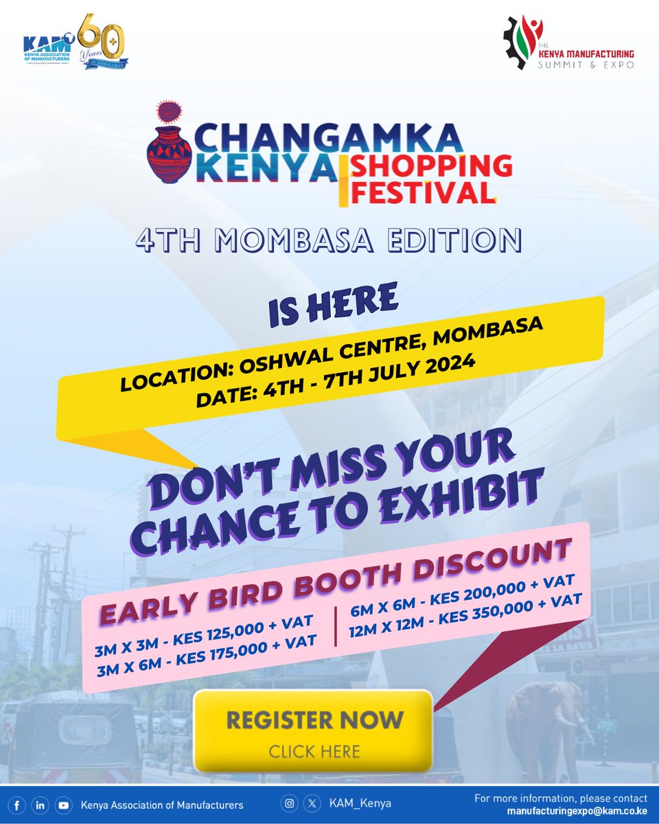 Don't miss this chance to showcase your products at the #ChangamkaShoppingFestival in Mombasa? Secure your spot now by booking your exhibition booth here forms.office.com/r/Jf6rYpHwA0 #ChangamkaMombasa