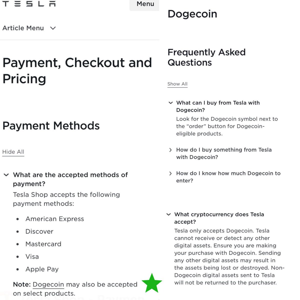 Hullo 👋 Tesla is updating the payment methods on its website to include DOGE. 🚗 Dogecoin is the only crypto accepted and only for a few eligible products.