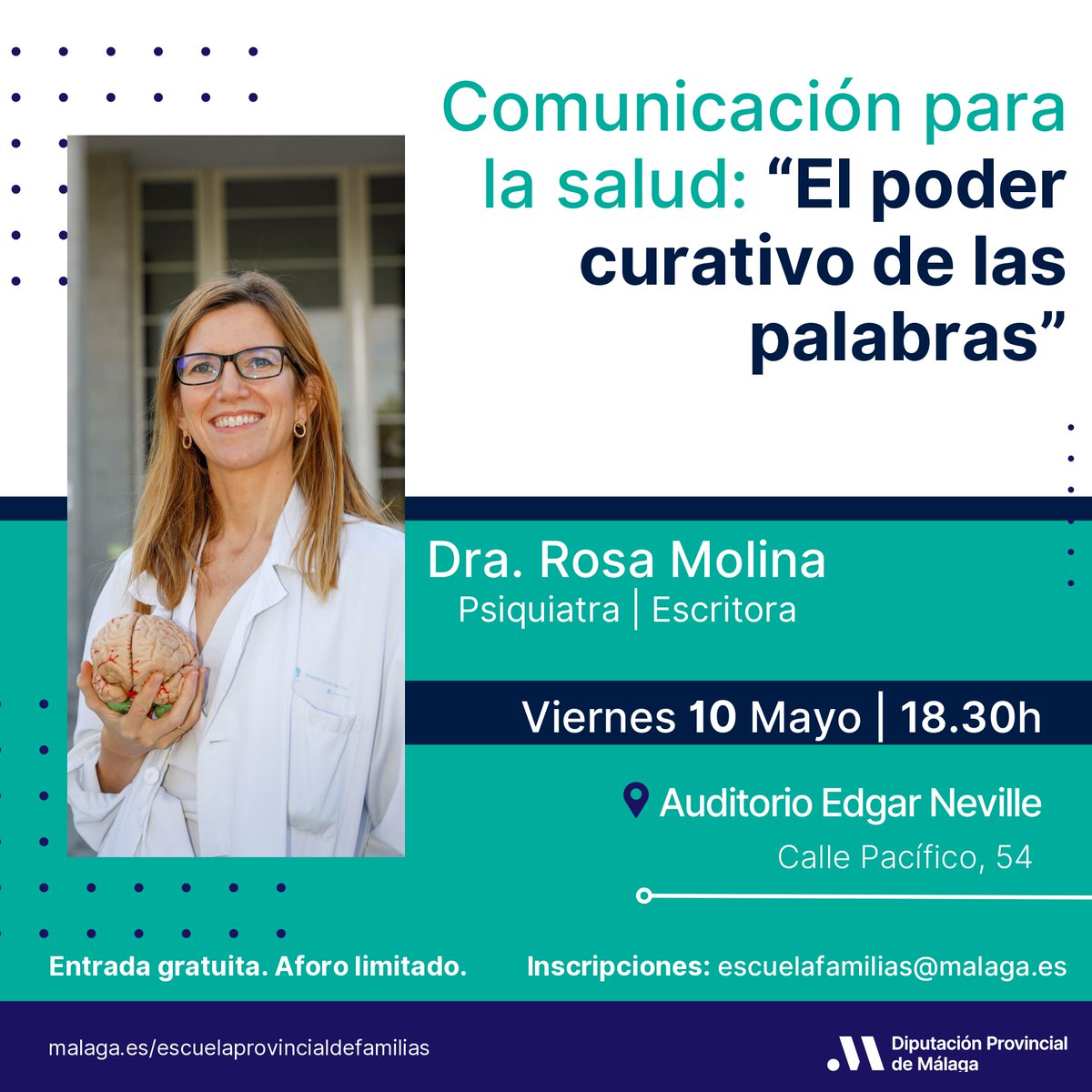 🗣️ La doctora Rosa Molina disertará sobre el poder curativo de las palabras el viernes 10 de mayo a las 18:30 horas en el Edgar Neville de la @diputacionMLG. Inscripciones: 🔗 lc.cx/3c7tTi #EscuelaProvincialDeFamilias