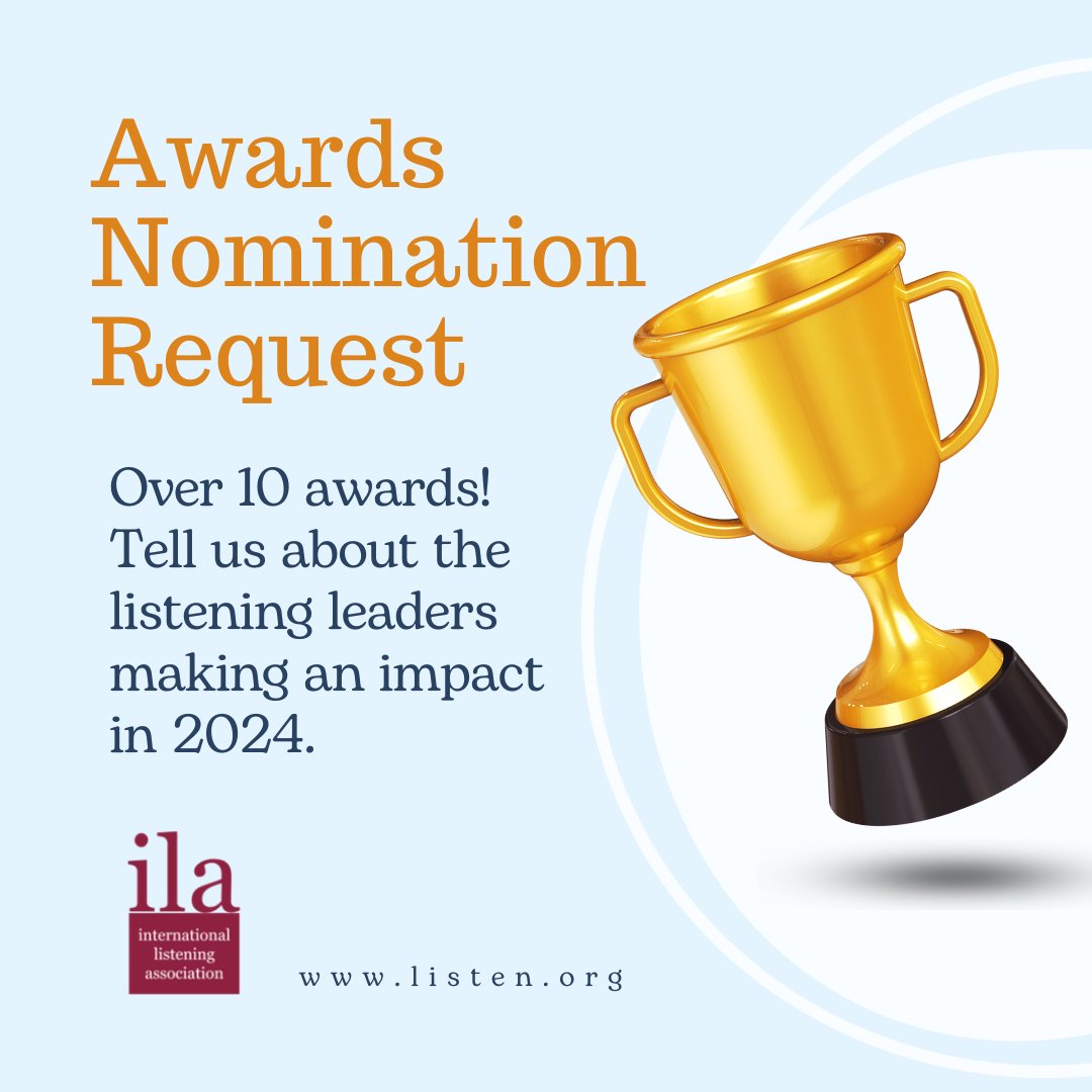 Please submit nominations and supporting documentation for <a href="/IntListening/">International Listening Association</a> Awards by May 31, 2024 to: Sanna Ala- Kortesmaa (sanna.ala-kortesmaa@tuni.fi) or Scott Robinson (scottdr@hawaii.edu). Learn more about the <a href="/IntListening/">International Listening Association</a>  Awards criteria here: listen.org/AwardProcedure…