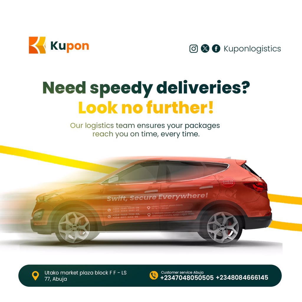 Enjoy speedy and secure delivery of your items in every of your delivery with kupon logistics.

Ship with us today and enjoy smooth delivery.
Download the kupon app to get started today. 

#kuponlogistics
#hyperlocaldeliveryapps
#wedeliver
#sentpackage
#logisticsservices