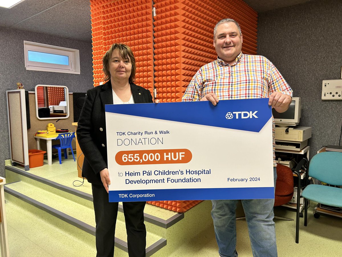 ❤️ TDK Charity Run & Walk donation finding good cause 🤝

🏃‍♀️ Thanks to our 200+ #TeamMembers' engagement at the #TDK Charity Run & Walk last year, we were able to raise and donate 655 000 HUF (1700 EUR)  to the Heim Pál Children's Hospital, in #Budapest, Hungary🏃‍♂️.

#Budapest