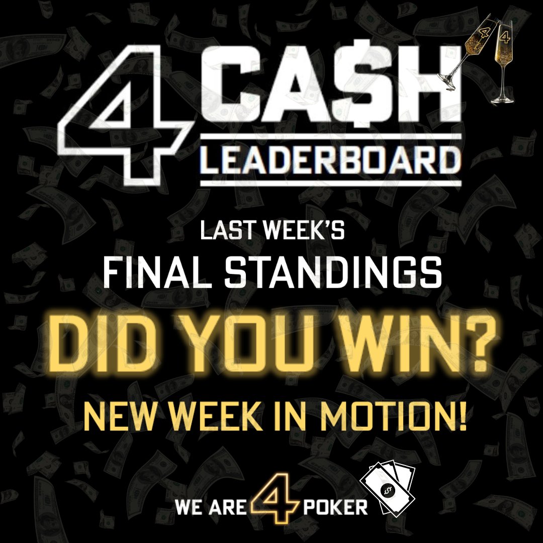 Did you win a share of the prizes? 🤑 Last week's results for the Cash Game Leaderboards are out! 💰 Check if you won here: 4poker.eu/promotions/cas… New week has already started with $2,000 in cash prizes up for grabs!💸 Play at 4Poker 🔥 #poker #pokergame #cashgame