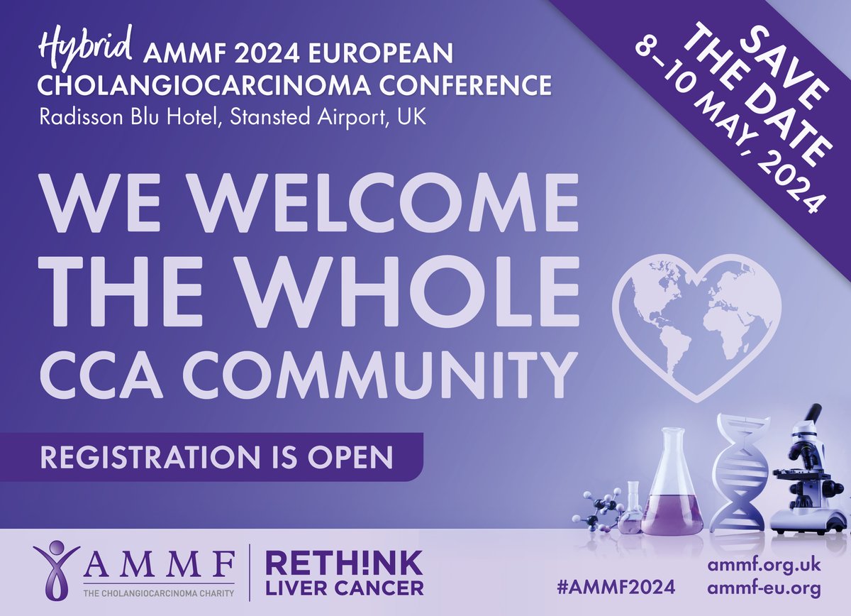 We welcome all members of the CCA community - there is something for everyone at our #AMMF’s Hybrid 2024 European Cholangiocarcinoma Conference. REGISTRATION IS STILL OPEN!  Visit: ammf.org.uk/ammf-conferenc…

#bileductcancer #cholangiocarcinoma