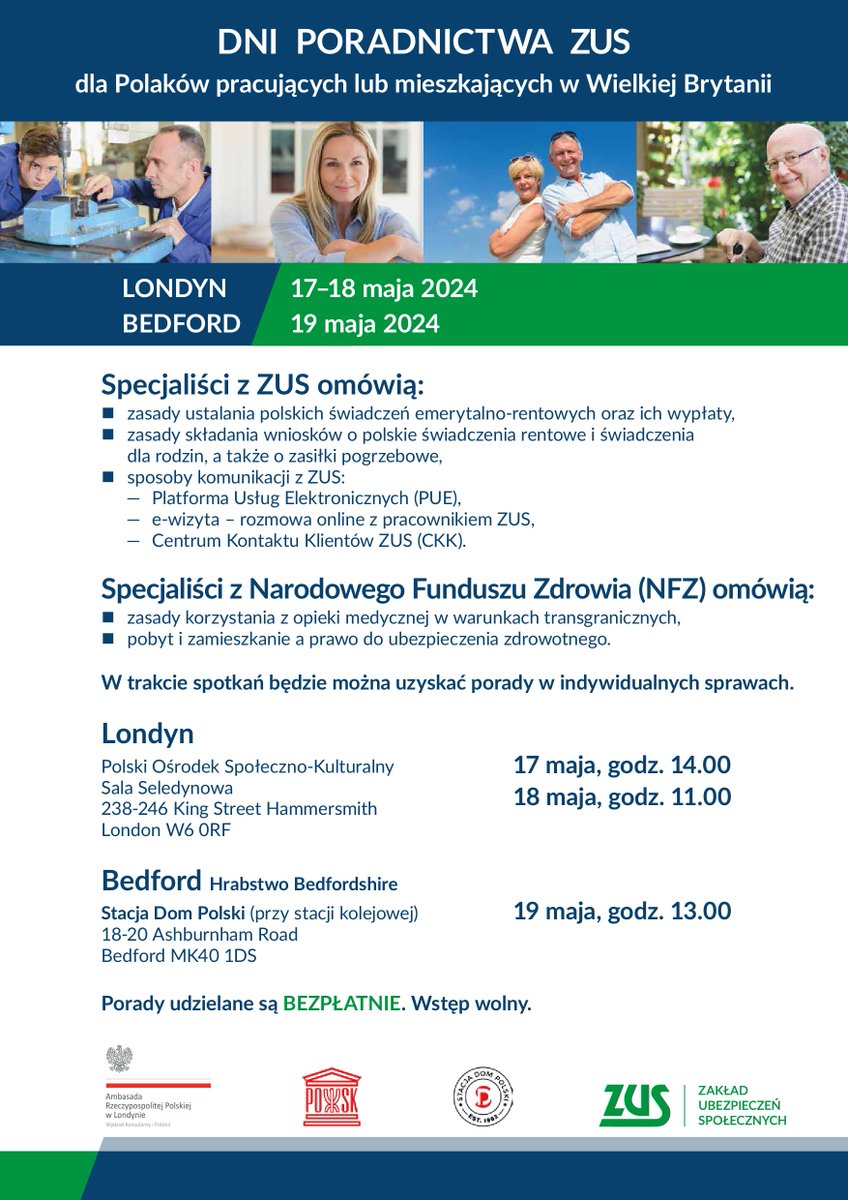 🇵🇱 🇬🇧 #ZUS i @NFZ_GOV_PL zapraszają na dni poradnictwa dla Polaków, którzy pracują lub mieszkają w Wielkiej Brytanii. ✅Londyn 1⃣7⃣ i 1⃣8⃣ maja, ✅Bedford 1⃣9⃣ maja. Porady udzielane są bezpłatnie. Wstęp wolny! Więcej informacji w ulotce⤵️