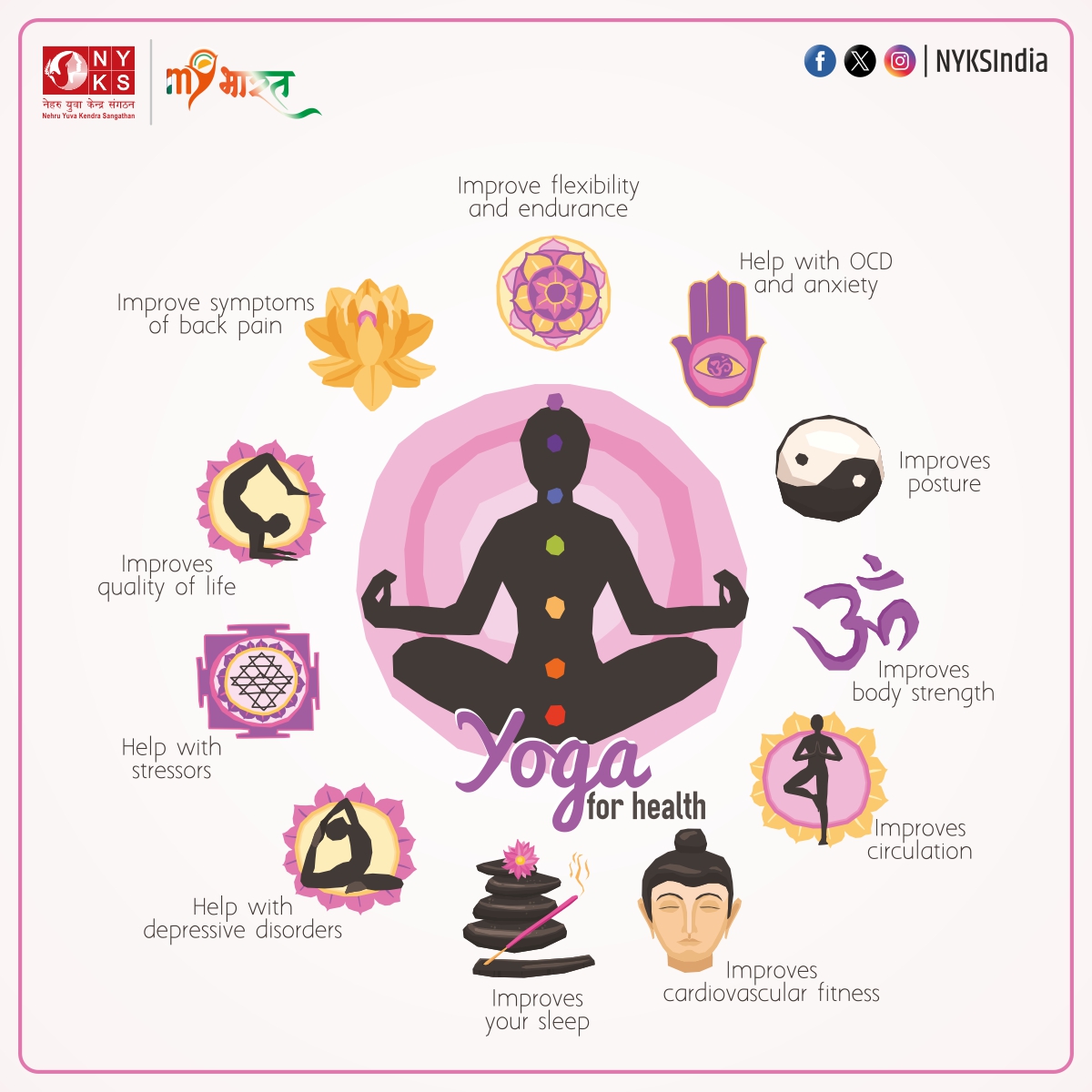 From stress relief to increased flexibility, delve into the incredible benefits that yoga offers. 📷📷
#NYKS4Yoga #YogaBenefits #MindBodyBalance #NYKS
 @YASMinistry @ianuragthakur @NisithPramanik @PIB_India @mygovindia @airnewsalerts @mybharatgov @mdniy @FitIndiaOff