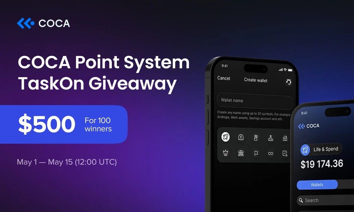 💥$500 #giveaway on the occasion of the Launch of 
@coca_wallet Point System 

🎁 $500 worth USDT 
🏆 75 random lucky ones who complete all tasks in TaskOn will share the prize pool of $750 USDT;
25% - $125 USDT additional rewards for Tier owners on the Gagarin platform who took