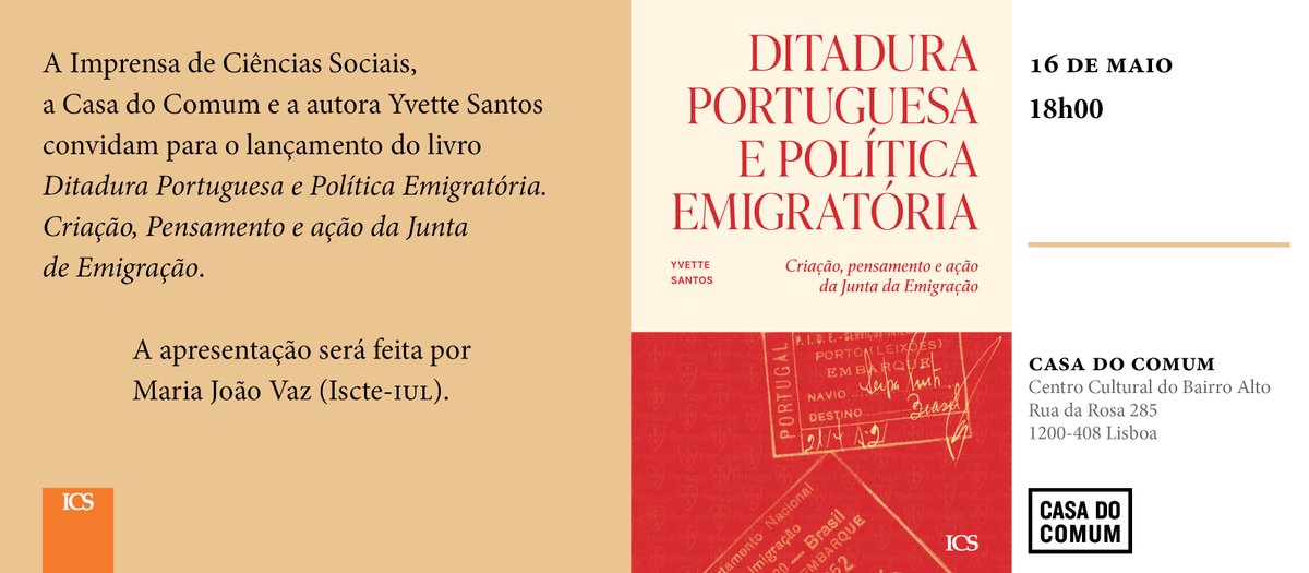 O lançamento do novo livro da Imprensa de Ciências Sociais 'Ditadura Portuguesa e Política Migratória' será no dia 16 de maio, na Casa do Comum, Centro Cultural do Bairro Alto. Para saber mais: tinyurl.com/bp7zjk4m