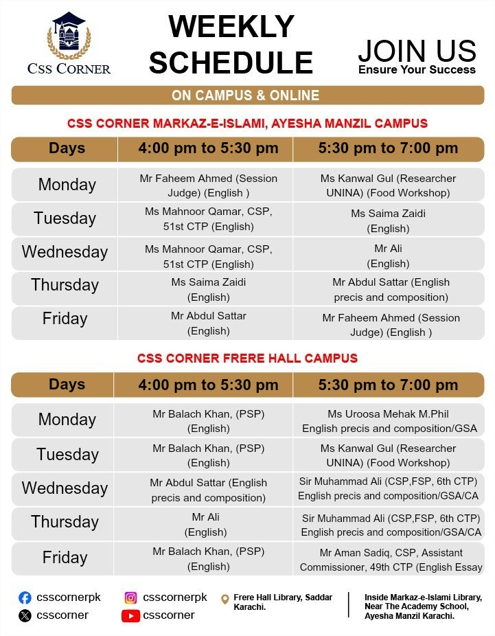 CSSCorner's tweet image. Stay on track with your CSS preparation!
Weekly Classes Schedule at CSS Corner 🌟
#css #csscorner #schedule #weekly #classes #preparation #lectures #join #frerehall #karachi