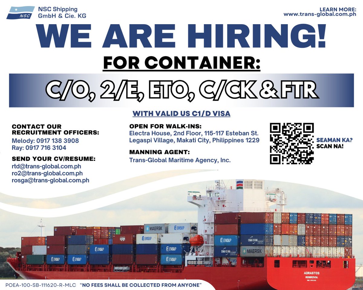 📢 Gain a positive seafaring experience with NSC SHIPPING!

Send your CV/Resume:
rtd@trans-global.com.ph
ro2@trans-global.com.ph
rosga@trans-global.com.ph

POEA-100-SB-111620-R-MLC 'NO FEES SHALL BE COLLECTED FROM ANYONE' #hiring #careeratsea #maritimejobs #transglobalmaritime