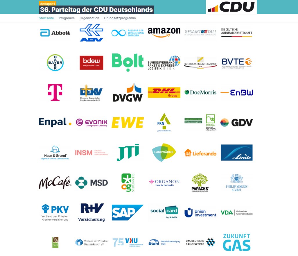 Dieser Parteitag wird Ihnen präsentiert von Philip Morris, Bayer und der Automobillobby (Sponsoren des CDU-Parteitags #cdupt24) 🧵