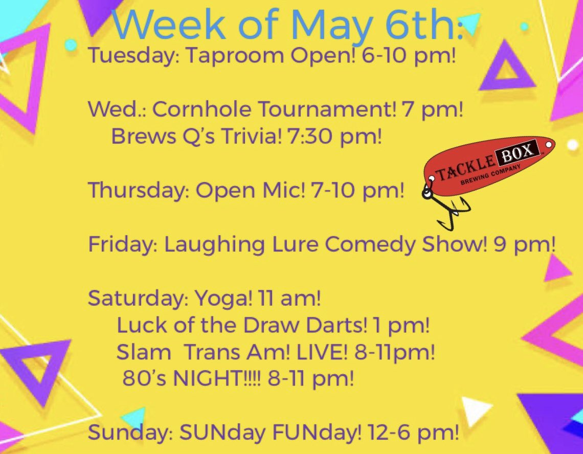 HUGE weekend planned! Comedy and 80s Night! You need tickets to Comedy:

eventbrite.com/e/laughing-lur…

#tackleboxbrewing #supportlocal #brewery #trivia #openmic #livemusic #cornhole #darts #karaokenight #karaoke #sundayfunday #drinkmassmadebeer #drinklocal #marlboroughma