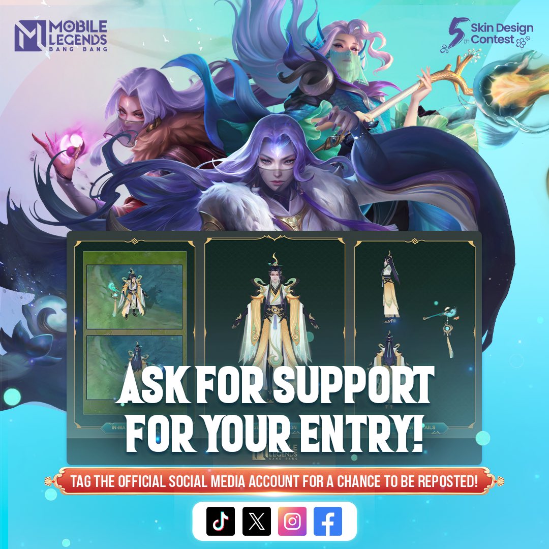 Hi, dear warriors, Want your skin design to be seen by thousands? Post it on Facebook, Instagram, X, TikTok with #MLBBSkinDesignContest and mention our official account @MobileLegends:BangBang. Get a chance to be featured by us (repost/like/comment) and gain more visibility!…