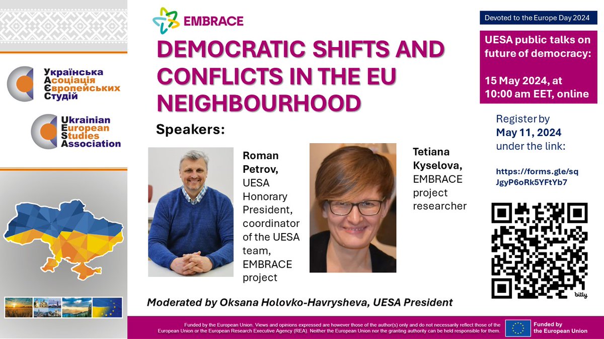 Register and join: public talk on the future of democracy by our Ukrainian partners UESA @eustudyua with Roman Petrov @romanpetrov23 and Tetiana Kyselova Date: 15 May - register here: forms.gle/sqJgyP6oRk5YFt…