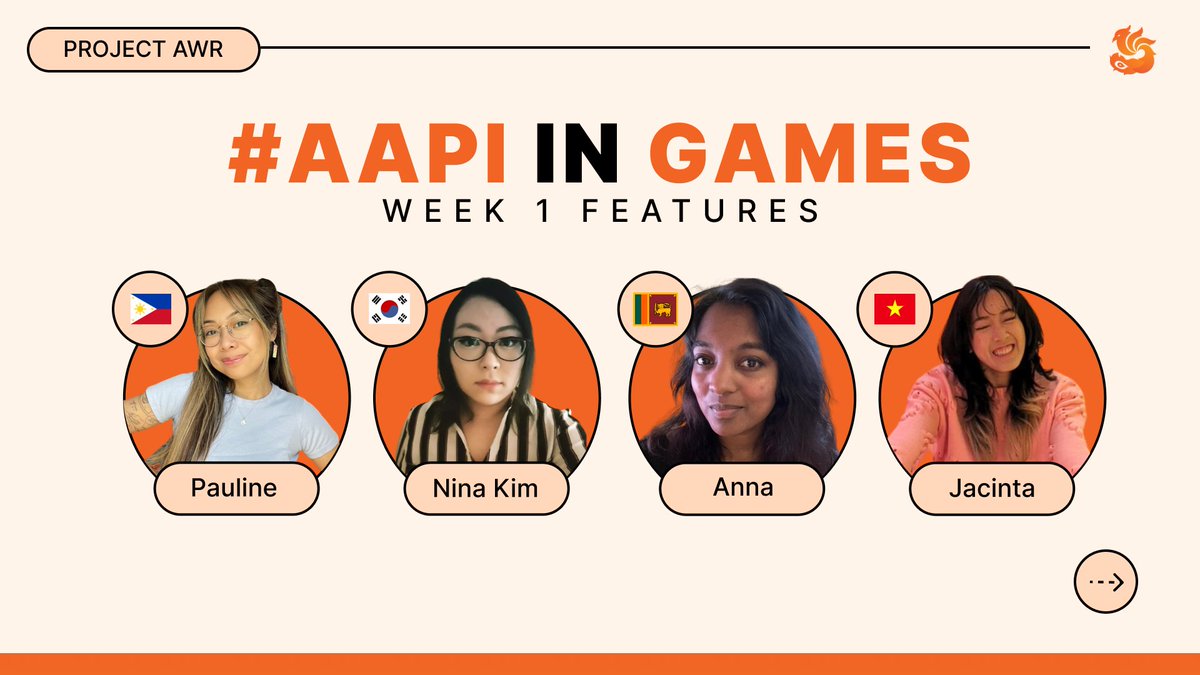 This first week of #AAPIInGames highlights:

• @pizzapauline: Associate Tech Producer
@thatsnomoonent

• @rainysector: Senior Game Designer at @RareLtd

• @AnnaCeras: Community Manager at @TheGang_Gaming

• @cintavu: 3D Environment Artist at @timberlinegames

#AAPIHM