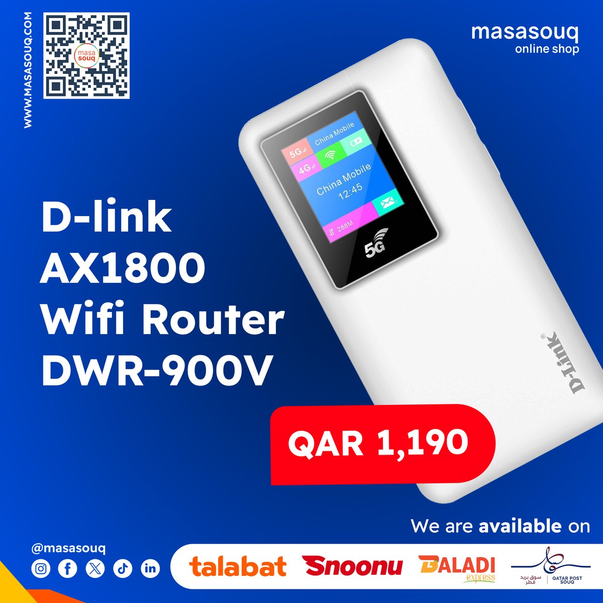 🚀 Supercharge your home internet with the D-link AX1800 Wi-Fi Router (DWR-900V)! Experience lightning-fast speeds and rock-solid connections.  Upgrade now for just QAR1,190  👉 masasouq.com/d-link-ax1800-…  #wifi #router #dlink #speed #internet #masasouq