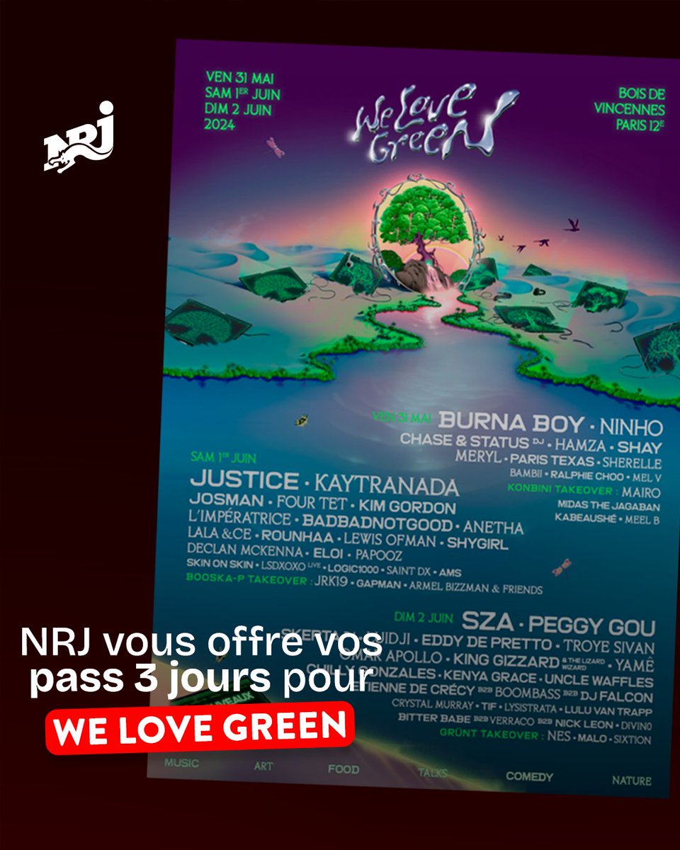 NRJhitmusiconly's tweet image. Du 31 mai au 2 juin, c'est le festival @WeLoveGreen à Paris ! 

Pour faire la fête là-bas tous ensemble, on vous offre vos places ! 

Pour participer, c'est très simple :  
➡️ Follow @nrjhitmusiconly &amp;amp; @WeLoveGreen 
➡️ Citez ce tweet avec l'artiste que vous voulez absolument voir…