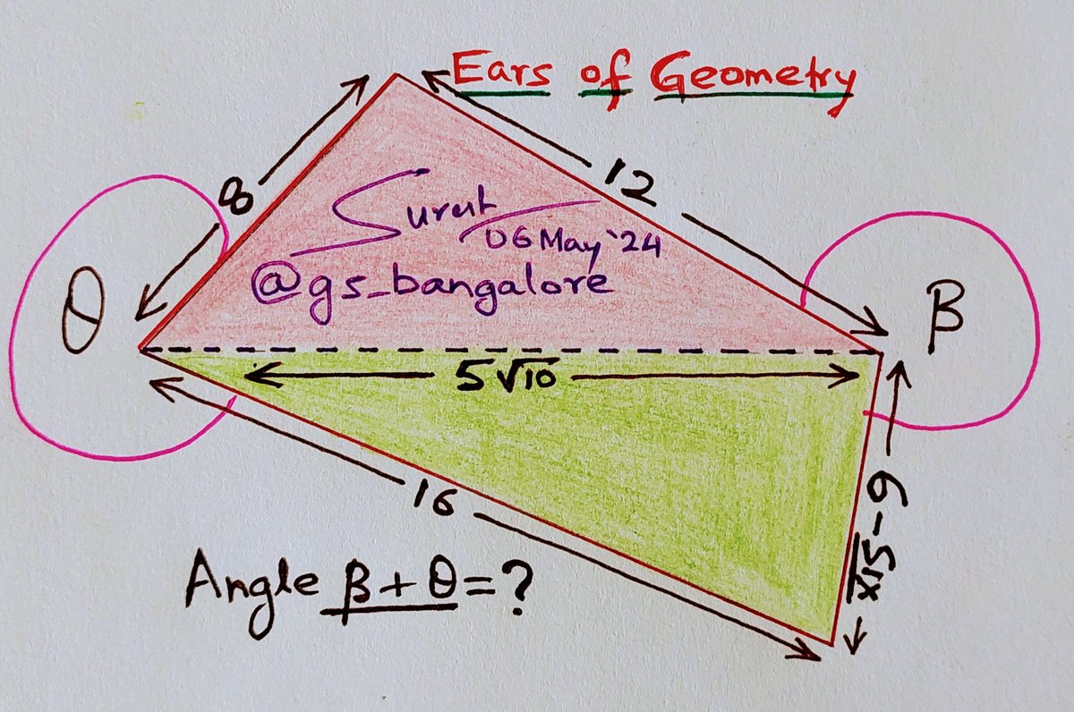 Ears of Geometry

Quadrilateral & diagonal, measured. Beta+theta = ?

#triangle #geometry #diagonal #geometrique #ratio #puzzle #riddle #Pythagoras #cosine #ratio #thinking #logic #reasoning #today #mathteachers #math #teacher #mathematics #Algebra #highschool #students #learning