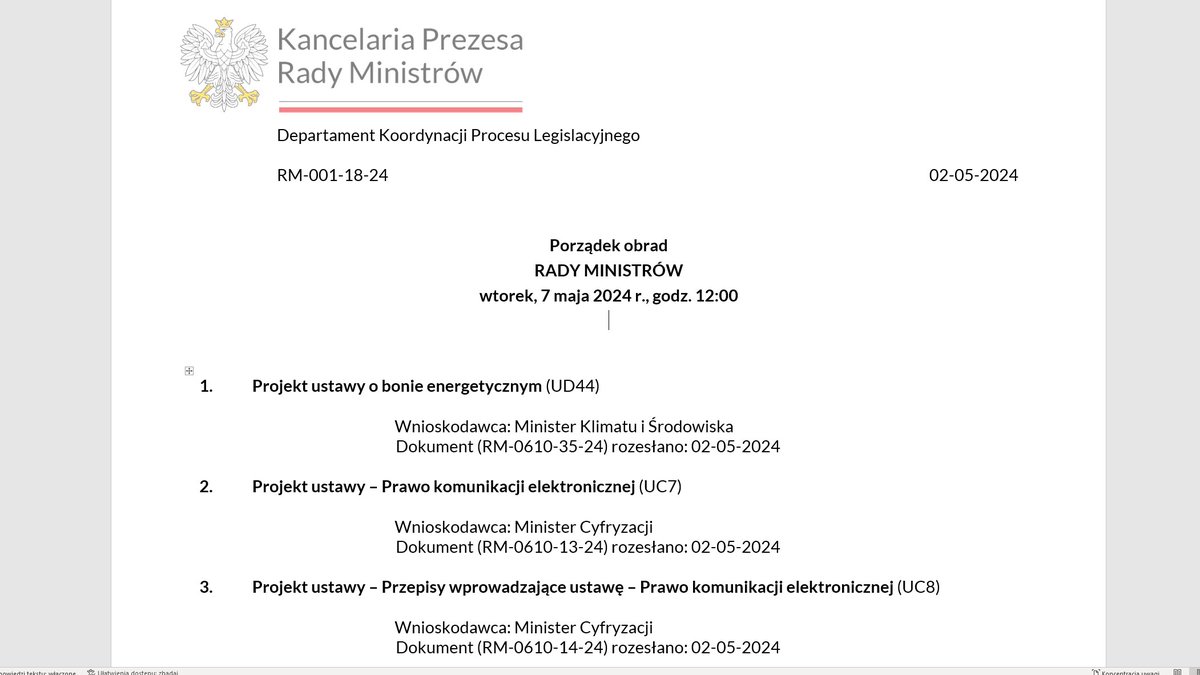 Jutrzejsze posiedzenie Rady Ministrów nietypowo, bo w Katowicach. A w porządku projekty dwóch ważnych ustaw: - o bonie energetycznym; - Prawo komunikacji elektronicznej.