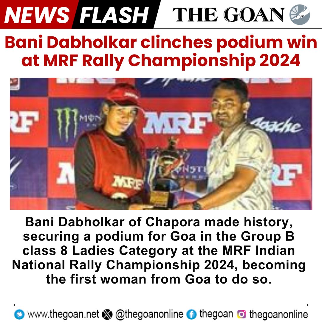 thegoanonline's tweet image. Bani Dabholkar clinches #PodiumWin at MRF Rally Championship 2024

#Goa #BreakingNews #MotorSports #Sports