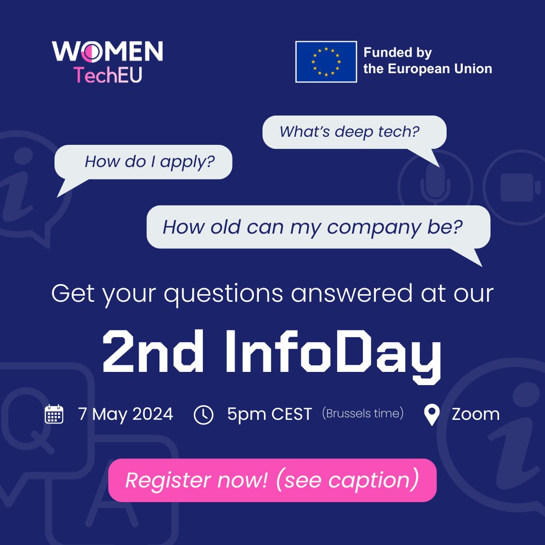 #WomenTechEU 2nd InfoDay happening TOMORROW!

📆 Date: 7th May 2024
⏰ Time: 5pm CEST
➡️ Platform: Zoom

Register:womentecheurope.eu/register-to-wo…

#WomenInTech #WomenEntrepreneurs #WomenInBusiness #deeptech