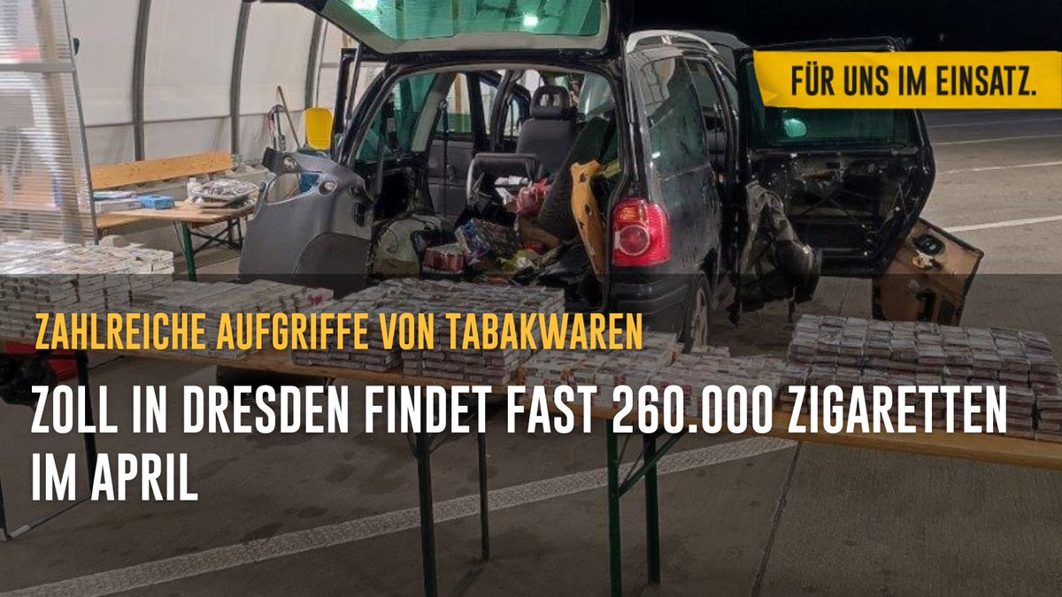 👮 🚬260.000 Zigaretten und 57.000 Heets stellten Einsatzkräfte des #HZADresden im April sicher. 💰 66.000 Euro Steuerschaden 🚗u.a. Tabakwaren in Hohlräumen, Reifen, Jackenärmeln u. Lautsprechersäulen versteckt presseportal.de/blaulicht/pm/1… #fürunsimEinsatz