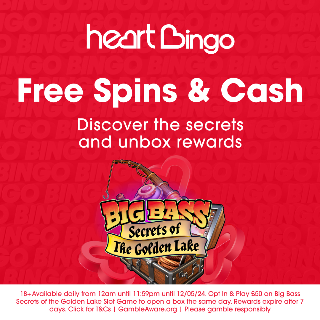 Hearties, it’s time to discover the Secrets of the Golden Lake! Here's how: 1. Opt In 👍 2. Play £50 Cash on Big Bass Secrets of the Golden Lake Slot Game. 🎰 3. Box available between 12am and 11.59pm Daily 🎁 T&C's: heartbingo.co.uk/en-gb/offer/MG… #promotion #new #prizes #slot