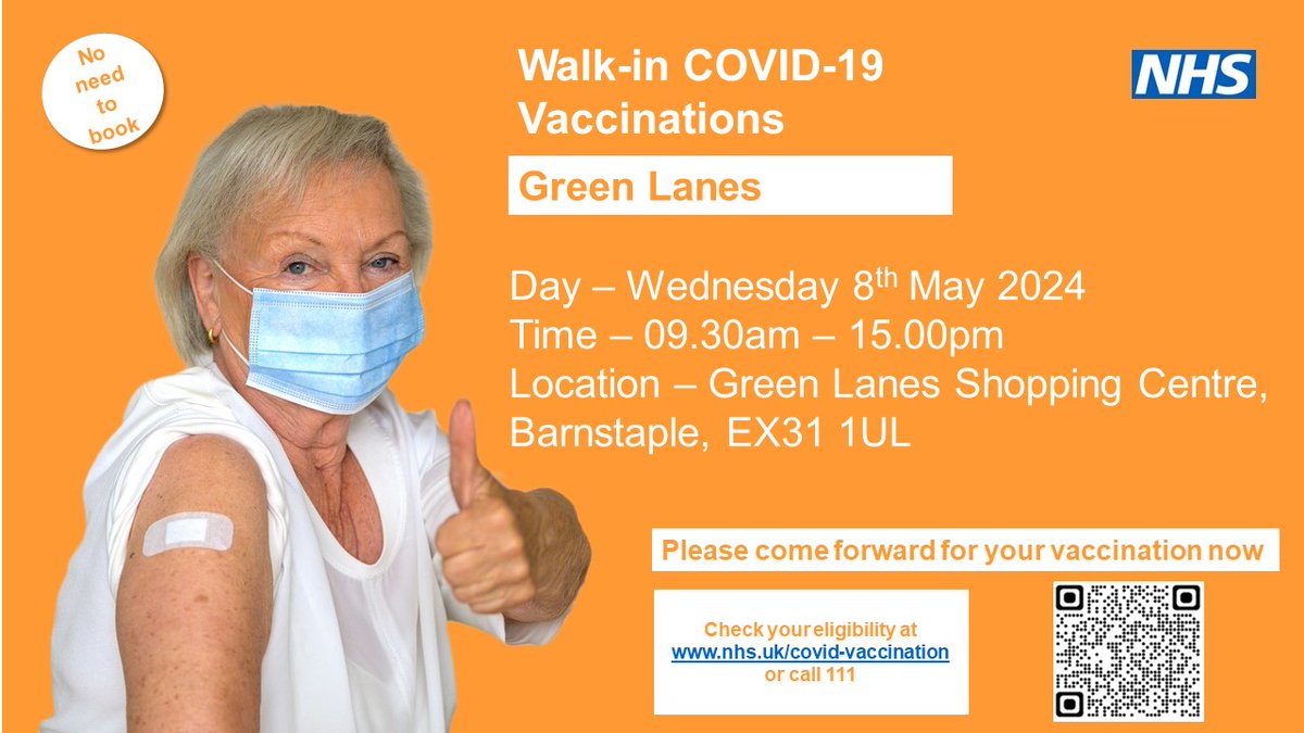 If you are eligible or you have been invited for a COVID-19 vaccination, a walk-in session will be available at Green Lanes Shopping Centre on May 8th. No booking required. Last minute changes may occur. Please check your eligibility here: nhs.uk/conditions/cov…